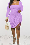 Purple Euramerican Women Long Sleeve Shirred Detail Fashion Pure Color Tight Mini Dress Q926-2