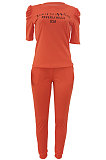 Orange Modest Offset Printing Puff Sleeve Round Neck T-Shirt With Pocket Pencil Pants Pure Color Two-Piece ALS197-4