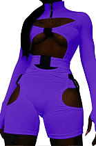 Purple Women Club Wear Hollow Out Solid Color Buckle Long Sleeve Sexy Romper Shorts Q940-3