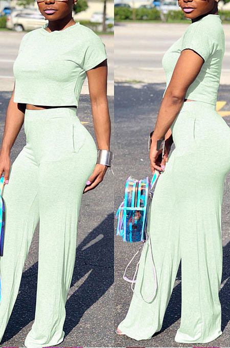 Light Blue Euramerican Sexy Women Dew Waist Short Sleeve Pocket Pure Color Pants Sets KF61-8