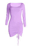 Orange Euramerican Women Long Sleeve Shirred Detail Fashion Pure Color Tight Mini Dress Q926-1