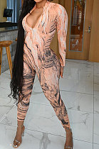 Pink Autumn Winter Women Wave Printing Zipper Slim Fitting Long Sleeve Sexy Bodycon Jumpsuits Q937-1