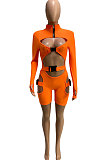 Neon Green Women Club Wear Hollow Out Solid Color Buckle Long Sleeve Sexy Romper Shorts Q940-5