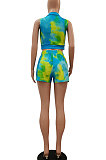 Cyan Women Printing Tie Dye Cardigan Zipper Sexy Casual Shorts Sets ZZ762-2