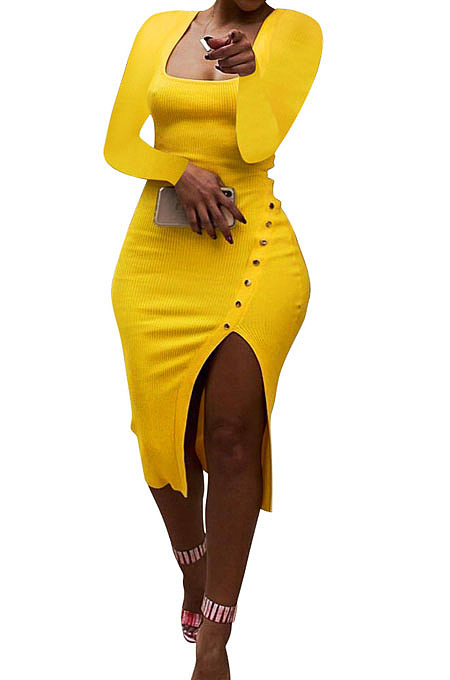 Neon Green Women Autumn Square Neck Bodycon Sexy Split Solid Color High Waist Mid Dress Q934-8