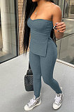 Dark Blue Women Ribber Solid Color Strapless Split Tops Long Pants Casual Two-Pieces Q935-5