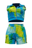 Pink Women Printing Tie Dye Cardigan Zipper Sexy Casual Shorts Sets ZZ762-1