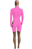 Rose Red Women Club Wear Hollow Out Solid Color Buckle Long Sleeve Sexy Romper Shorts Q940-7