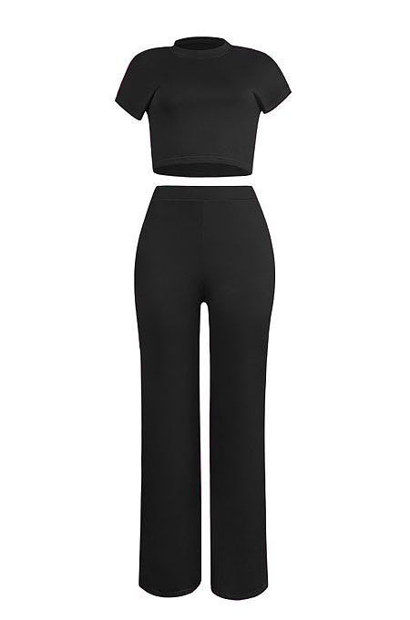 Dark Blue Euramerican Sexy Women Dew Waist Short Sleeve Pocket Pure Color Pants Sets KF61-9