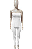 White Women Ribber Solid Color Strapless Split Tops Long Pants Casual Two-Pieces Q935-1