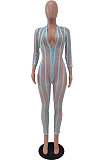 Light Blue Sexy Gridding See-Through Long Sleeve Zipper Collcet Waist Bodycon Jumpsuits ALS263-4