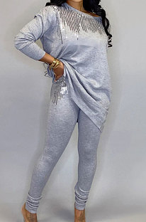 Gray Casual Sequins Long Sleeve Round Neck Loose Top Bodycon Pants Two-Piece TZ10863-2
