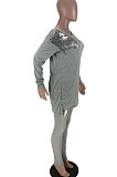 Gray Casual Sequins Long Sleeve Round Neck Loose Top Bodycon Pants Two-Piece TZ10863-2