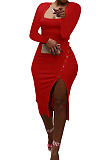 White Women Autumn Square Neck Bodycon Sexy Split Solid Color High Waist Mid Dress Q934-1