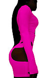 Purple Women Club Wear Hollow Out Solid Color Buckle Long Sleeve Sexy Romper Shorts Q940-3