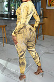 Pink Autumn Winter Women Wave Printing Zipper Slim Fitting Long Sleeve Sexy Bodycon Jumpsuits Q937-1