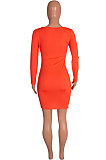 Orange Euramerican Women Long Sleeve Shirred Detail Fashion Pure Color Tight Mini Dress Q926-1
