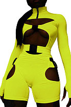 LemonYellow Women Club Wear Hollow Out Solid Color Buckle Long Sleeve Sexy Romper Shorts Q940-6