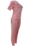 Orange Modest Offset Printing Puff Sleeve Round Neck T-Shirt With Pocket Pencil Pants Pure Color Two-Piece ALS197-4
