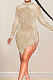 Apricot Night Club Mesh See-Through Hot Drilling Tassel Long Sleeve Round Collar Slim Fitting Mini Dress XZ5216-2