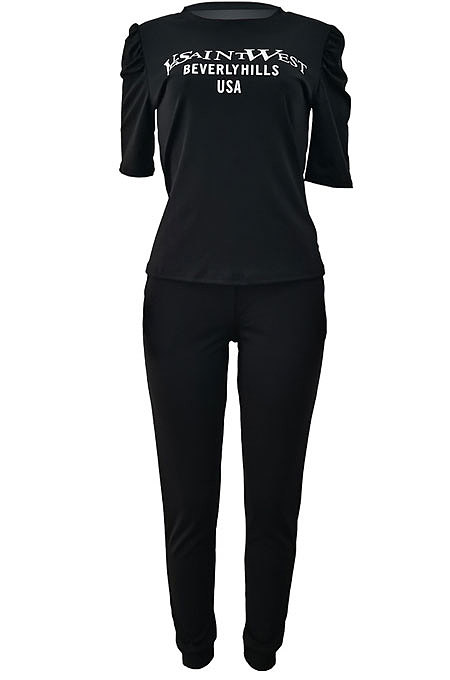 Pink Modest Offset Printing Puff Sleeve Round Neck T-Shirt With Pocket Pencil Pants Pure Color Two-Piece ALS197-1