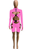 LemonYellow Women Club Wear Hollow Out Solid Color Buckle Long Sleeve Sexy Romper Shorts Q940-6