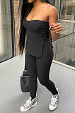 Black Women Ribber Solid Color Strapless Split Tops Long Pants Casual Two-Pieces Q935-3