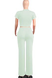 Purple Red Euramerican Sexy Women Dew Waist Short Sleeve Pocket Pure Color Pants Sets KF61-4