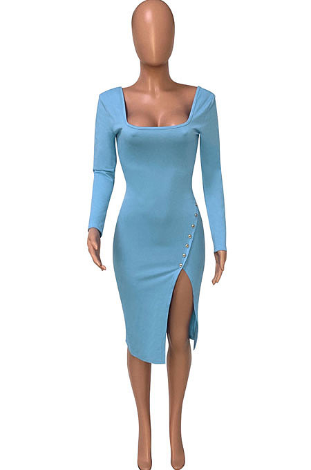Khaki Women Autumn Square Neck Bodycon Sexy Split Solid Color High Waist Mid Dress Q934-2