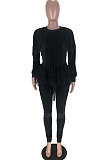 Black Wholesal Korea Velvet Mesh Spliced Long Sleeve Round Collar Jumper Pencil Pants Two-Piece TZ10852-1