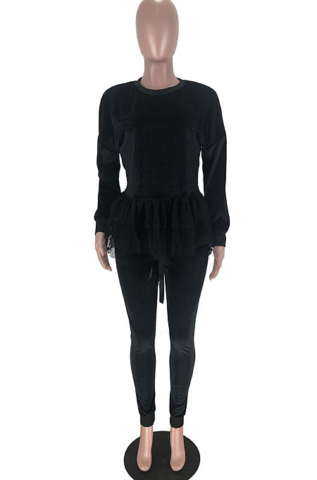 Black Wholesal Korea Velvet Mesh Spliced Long Sleeve Round Collar Jumper Pencil Pants Two-Piece TZ10852-1
