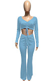 Black Women Autumn Winter Ribber Solid Color Shirred Detail V Collar Sexy Tiny Flared Pants Sets Q921-3