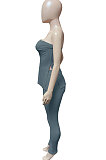 Dark Blue Women Ribber Solid Color Strapless Split Tops Long Pants Casual Two-Pieces Q935-5