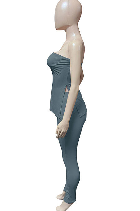 Dark Blue Women Ribber Solid Color Strapless Split Tops Long Pants Casual Two-Pieces Q935-5