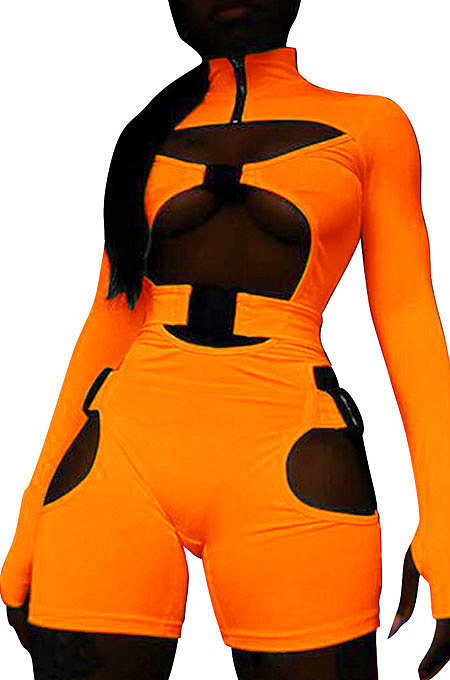Orange Women Club Wear Hollow Out Solid Color Buckle Long Sleeve Sexy Romper Shorts Q940-4