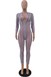 Light Blue Sexy Gridding See-Through Long Sleeve Zipper Collcet Waist Bodycon Jumpsuits ALS263-4