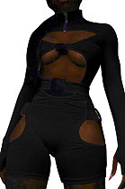 Black Women Club Wear Hollow Out Solid Color Buckle Long Sleeve Sexy Romper Shorts Q940-1