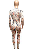 Blue Autumn Winter Women Wave Printing Zipper Slim Fitting Long Sleeve Sexy Bodycon Jumpsuits Q937-3