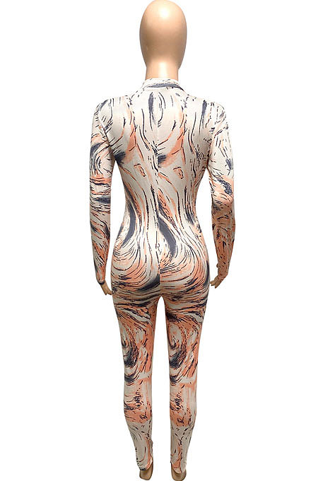 Blue Autumn Winter Women Wave Printing Zipper Slim Fitting Long Sleeve Sexy Bodycon Jumpsuits Q937-3