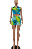 Purple Women Printing Tie Dye Cardigan Zipper Sexy Casual Shorts Sets ZZ762-3
