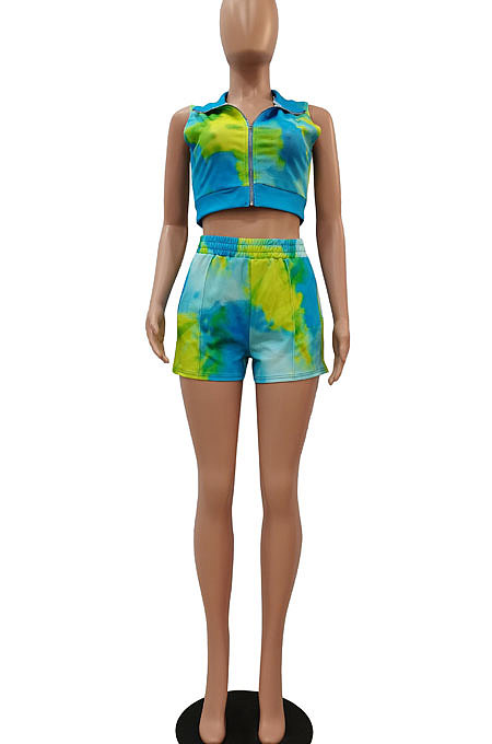 Purple Women Printing Tie Dye Cardigan Zipper Sexy Casual Shorts Sets ZZ762-3