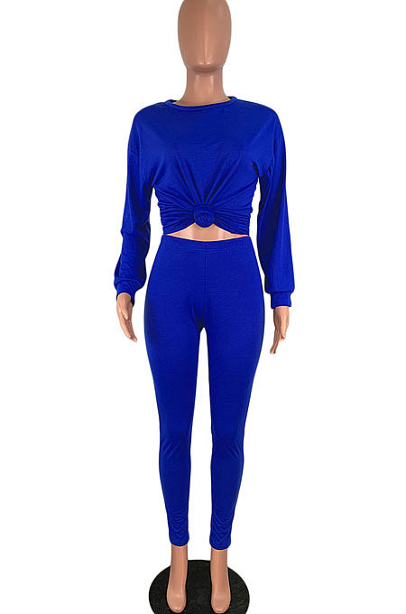 Yellow Women Pure Color Long Sleeve Round Collar Fashion Sport Pants Sets AMM8191-1