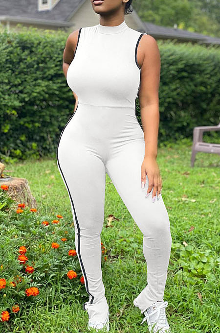 Black Summer Edge Strip Spliced Sleeveless O Neck Collcet Waist Zip Back Split Sport Jumpsuitts FH159-6