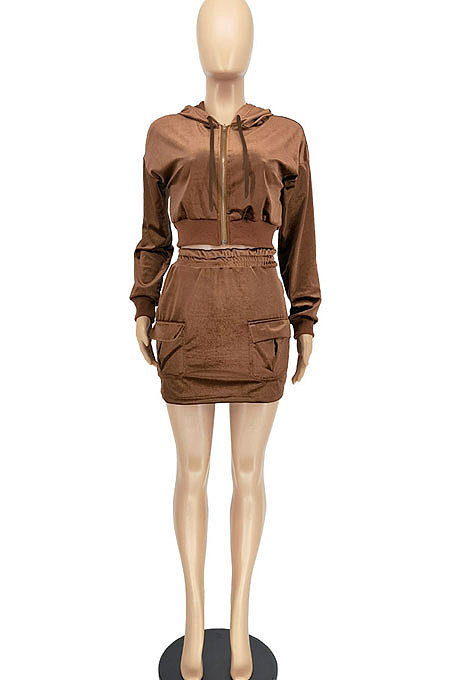 Gray Women Fashion Long Sleeve Solid Color Zipper Hooded Tops Korea Velvet Pocket Skirts Sets AA5278-2