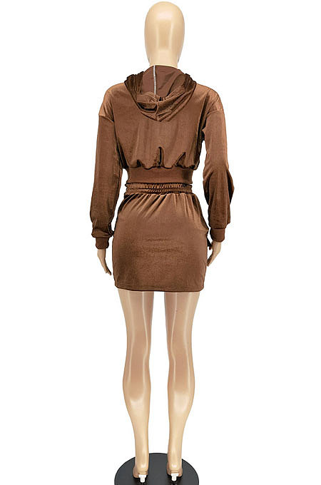 Wine Red Women Fashion Long Sleeve Solid Color Zipper Hooded Tops Korea Velvet Pocket Skirts Sets AA5278-4