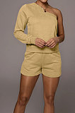 Pink Modest Autumn One Sleeve Oblique Shoulder Top Drawsting Shorts Casual Sets FH157-3