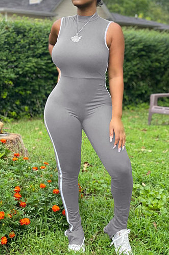 Gray Summer Edge Strip Spliced Sleeveless O Neck Collcet Waist Zip Back Split Sport Jumpsuitts FH159-1