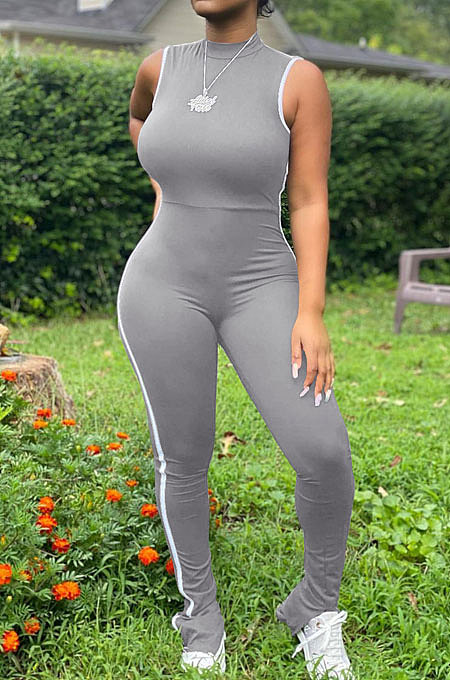 Gray Summer Edge Strip Spliced Sleeveless O Neck Collcet Waist Zip Back Split Sport Jumpsuitts FH159-1