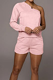 Pink Modest Autumn One Sleeve Oblique Shoulder Top Drawsting Shorts Casual Sets FH157-3