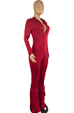 Red Simple New Long Sleeve Stand Neck Zipper Collect Waist Tassel Wide Leg Jumpsuits E8614-1